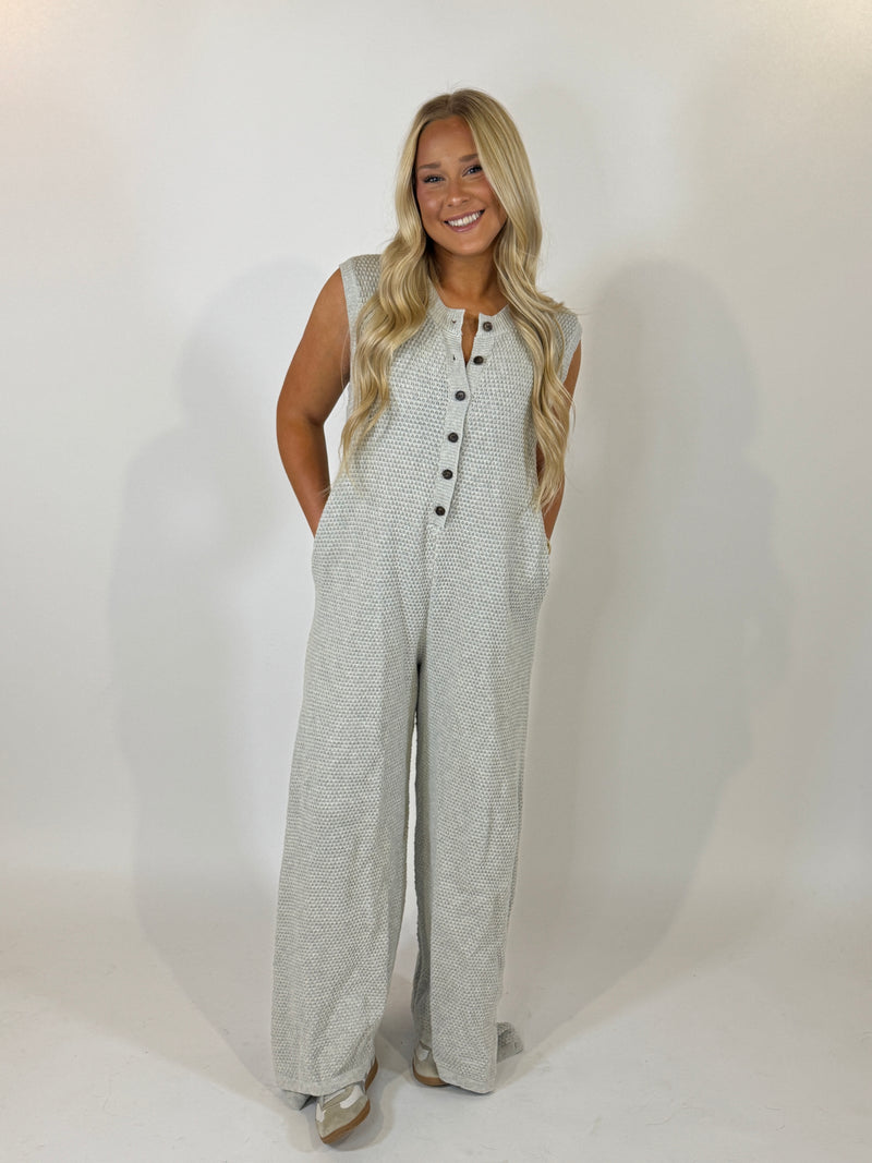 Wide Leg Button-up Loose Fit Solid Knit Jumpsuit